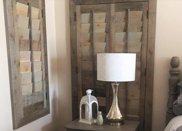 Honolulu bedroom with repurposed wood shutters.